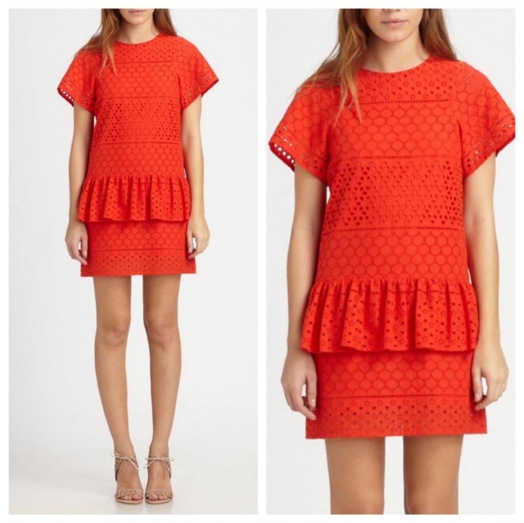 Thakoon Addition Fire Orange Eyelet Lace Peplum Mini Dress Short Sleeve Sz 4
